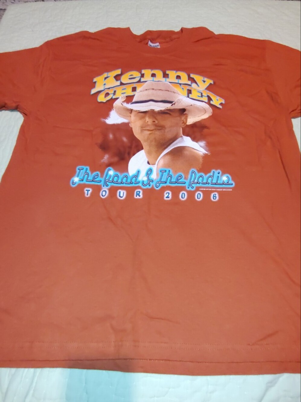 Gildan Orange Tour Graphic Tee with Blue Neon Script